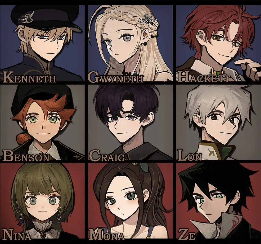 A grid of nine character portraits, each captioned with the character's name.